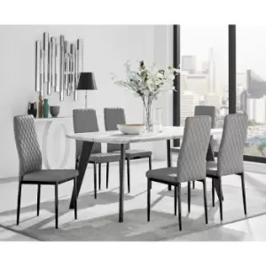 Furniturebox Andria Black Leg Marble Effect Dining Table and 6 Grey Milan Faux Leather Dining Chairs With Black Legs