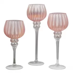 Set of 3 Pearlised Pink Glass Goblet Style Candle Holders