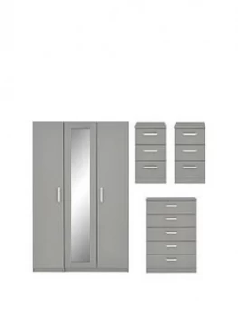 Sanford Part Assembled High Gloss 4 Piece Package - 3 Door Mirrored Wardrobe, Chest Of 5 Drawers And 2 Bedside Chests