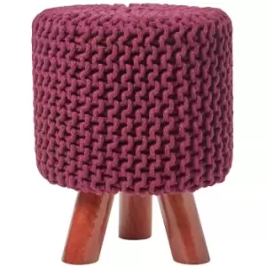 Plum Tall Cotton Knitted Footstool on Legs - Plum - Homescapes