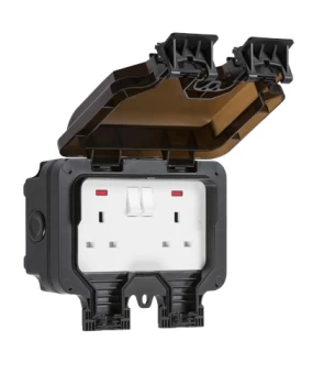 KnightsBridge IP66 13A 2G DP switched socket with neons - Black