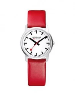 Mondaine Mondaine Swiss Made Simply Elegant White Sapphire Glass Dial Polished Stainless Steel 36Mm Case Red Leather Strap Watch