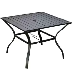 Outsunny Garden Table with Parasol Hole, Outdoor Dining Garden Table for Four, Square Patio Table with Slatted Metal Plate Top, Black