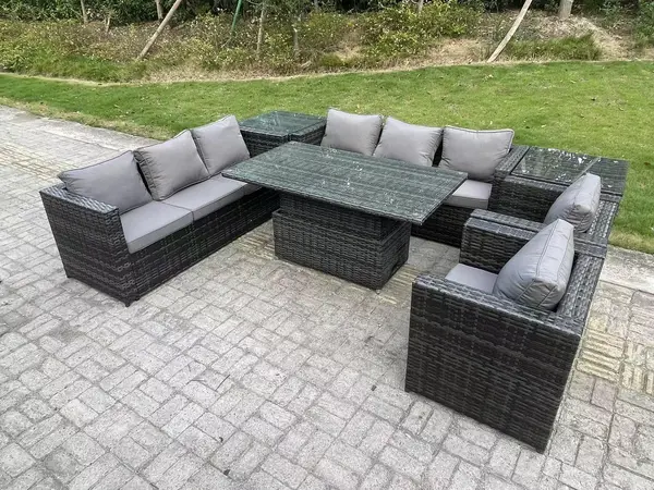 Fimous 8 Seater Outdoor Dark Grey Rattan Lounge Complete Sofa Set with Adjustable Rising Lifting Dining Table and Armchairs