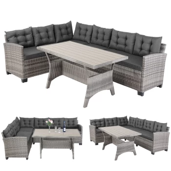 Poly Rattan Corner Seat Table Bench Chair Set WPC Cushion Garden Lounge Patio Furniture Grey - Casaria