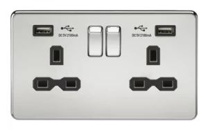 KnightsBridge 13A 2G Screwless Polished Chrome 2G Switched Socket with Dual 5V USB Charger Ports - Black Insert