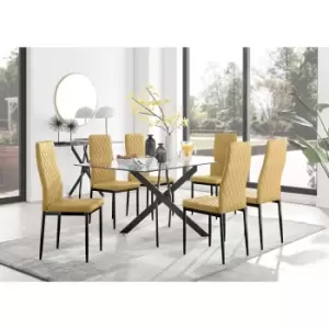 Furniturebox Leonardo 6 Black Leg Glass Dining Table and 6 Mustard Milan Velvet Dining Chairs With Black Legs Diamond Stitch Modern Contemporary