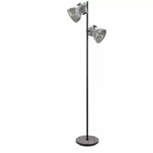 Loops - Standing Floor Lamp Light Black & Raw Steel Wood Base 2 x 40W E27 Bulb