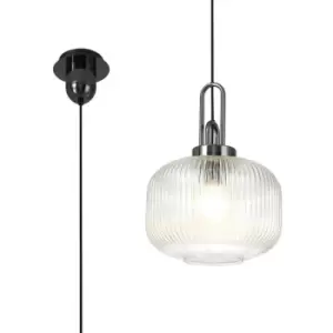 Luminosa 1 Light Pendant E27 With 30cm Pumpkin Shaped Ribbed Glass, Clear Black Chrome, Matt Black