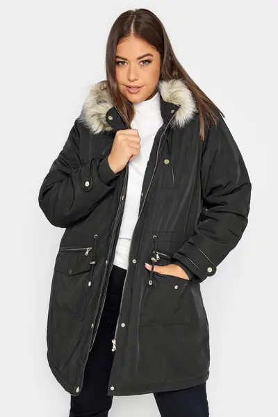 Yours Faux Fur Trim Hooded Parka Coat Black