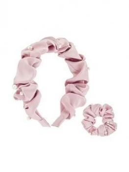 Monsoon Girls Satin Pearl Scunchie & Hairband Set - Pink