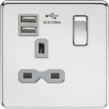 KnightsBridge Screwless 13A 1G switched socket with dual USB charger (2.1A) - polished chrome with grey insert