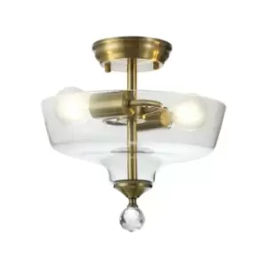 Luminosa Talisa 2 Light Semi Flush Ceiling Lamp E27 With Flat Round 30cm Glass Shade Antique Brass, Clear