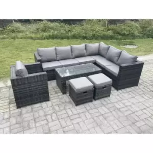 Fimous 7 Seater Outdoor Dark Grey Rattan Lounge Complete Sofa Set Right Side with Rectangular Coffee Table and 2 Stools