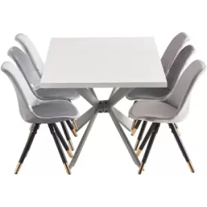Life Interiors - 7 Pieces Vittorio Duke Dining Set - a White Rectangular Dining Table and Set of 6 Light Grey Dining Chairs - Light Grey