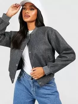 Boohoo Wool Look Crop Bomber Jacket - Charcoal, Grey, Size 16, Women