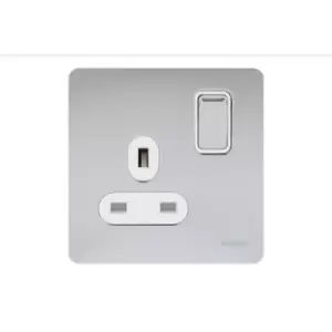 Schneider Electric Ultimate Screwless Flat Plate - Switched Single Power Socket, 13A, GU3410WPC, Polished Chrome with White Insert