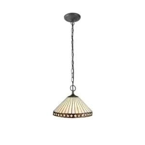 2 Light Downlighter Ceiling Pendant E27 With 30cm Tiffany Shade, Amber, Crystal, Aged Antique Brass