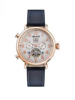 Ingersoll Ingersoll Muse Silver And Rose Gold Day Date Skeleton Eye Automatic Dial Navy Leather Strap Watch