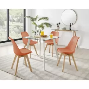 Furniturebox Seattle Glass and White Leg Square Dining Modern Industrial Dining Table & 4 Orange Stockholm Wooden Leg Faux Leather Chairs