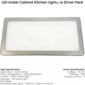 3x BRUSHED NICKEL Ultra-Slim Rectangle Under Cabinet Kitchen Light & Driver Kit - Warm White Diffused LED