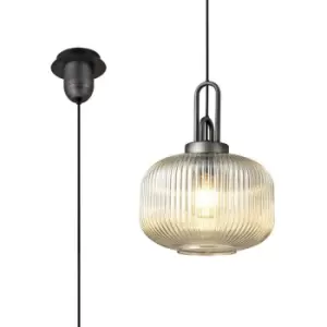 Luminosa 1 Light Pendant E27 30cm Pumpkin Shaped Ribbed Glass, Champagne Black, Aged Pewter