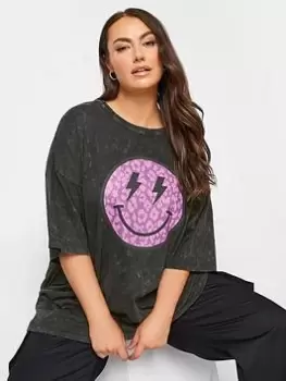 Yours Boxy Tee Acid Wash Smiley Placement Print. Grey, Size 26-28, Women