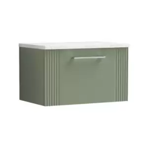 Nuie Deco Satin Green 600mm Wall Hung Single Drawer Vanity Unit with Sparkling White Laminate Worktop - DPF894LSW - Satin Green