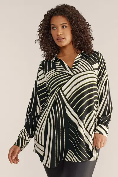 Evans Collared Abstract Linear Print Blouse Black