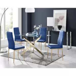 Furniturebox UK - Furniturebox Leonardo 4 Gold Leg Glass Dining Table and 4 Navy Milan Velvet Dining Chairs With Gold Legs Diamond Stitch Modern