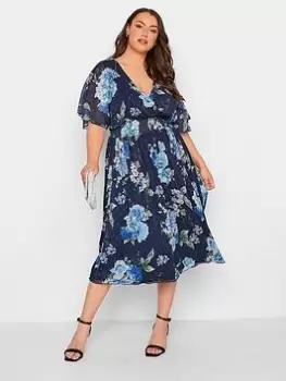 Yours Floral Shirred Waist Wrap Dress, Blue, Size 16, Women