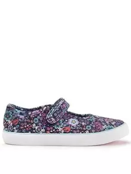 Start-rite Busy Lizzie Girls Navy Floral Riptape Summer Canvas Shoes - Blue Size 10.5 Younger