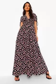 Ditsy Print Shirred Waist Maxi Dress