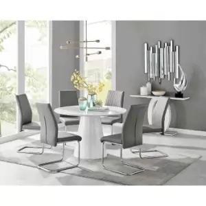 Furniture Box Palma White High Gloss Round Dining Table and 6 Grey Lorenzo Chairs