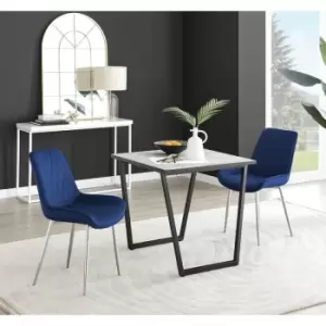 Furniturebox Carson White Marble Effect Square Dining Table & 2 Navy Pesaro Silver Leg Velvet Chairs