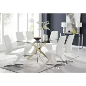 Furniturebox Leonardo 150cm Modern Glass And Gold Metal Dining Leg Table And 6 White Willow Faux Leather Silver Chrome Leg Dining Chairs