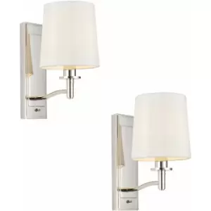 2 pack Bright Nickel Indoor Wall Light Fitting & Vintage White Fabric Shade