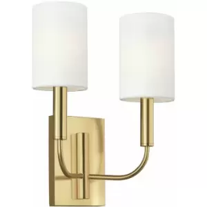 Loops - Twin Wall Light White Linen Cylindrical Shades Burnished Brass LED E14 60W