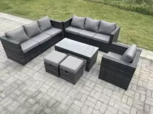 Fimous 7 Seater Outdoor Dark Grey Rattan Lounge Sofa Complete Set with Oblong Coffee Table and 2 Stools