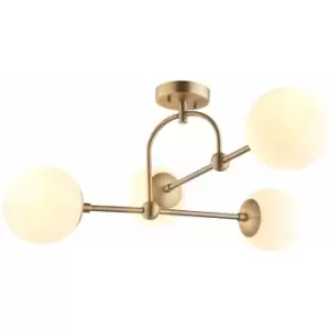 Loops - Antique Brass Multi Arm Ceiling Light & Opal Glass Shade 4 Bulb Hanging Pendant