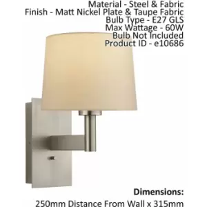 Loops - Wall Light & Shade Matt Nickel & Taupe Fabric 60W E27 usb Socket e10686