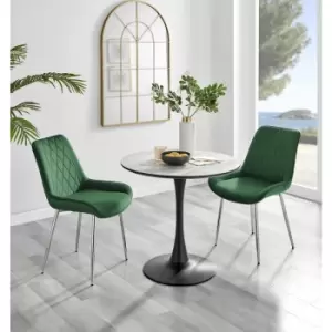 Furniturebox UK - Furniturebox Elina White Marble Effect Modern 80cm Round Dining Table & 2 Green Pesaro Silver Leg Velvet Chairs