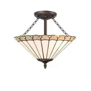 3 Light Semi Flush Ceiling E27 With 40cm Tiffany Shade, Grey, Crystal, Aged Antique Brass