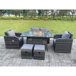 Fimous 4 Seater Outdoor Dark Grey Rattan Lounge Complete Sofa Set with Gas Fire Pit, Reclining Chairs and 2 Stools