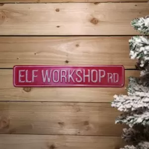 50cm Indoor Outdoor Red Metal Elf Workshop Rd Sign Hanging Christmas Decoration