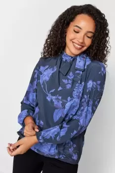 Floral Print Tie Neck Bubble Hem Blouse