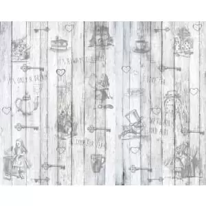 Origin Murals Alice In Wonderland Vintage Wood White Wall Mural - 3.5 x 2.8m