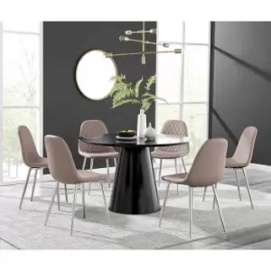 Furniture Box Palma Black Semi Gloss Round Dining Table and 6 Cappuccino Corona Silver Chairs