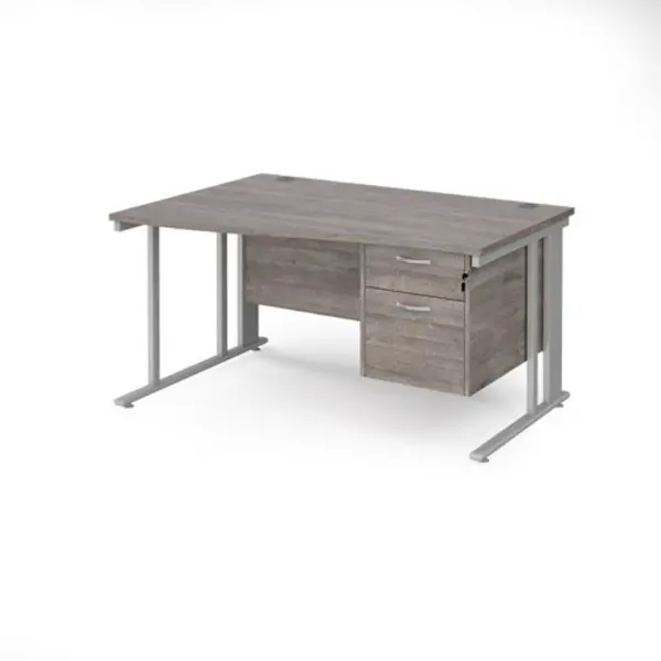 Maestro 25 left hand wave desk 1400mm wide with 2 drawer pedestal - silver cable managed leg frame, grey oak top