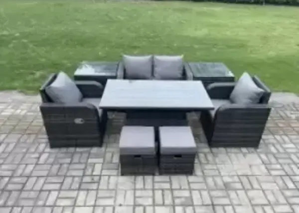 Fimous 4 Seater Outdoor Dark Grey Rattan Lounge Complete Sofa Set with Adjustable Table and 2 Stools